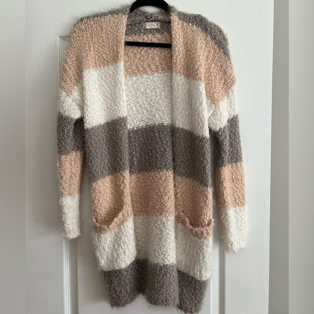 Altar'd State Blush, Cream & Gray Striped Open-Front Cardigan